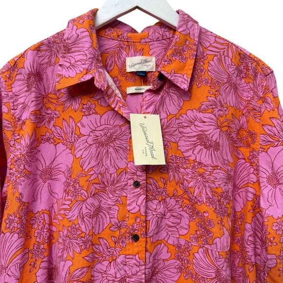 Universal Thread Womens Top Large Pink Orange Floral Linen Blend Button Up Shirt - Picture 2 of 11